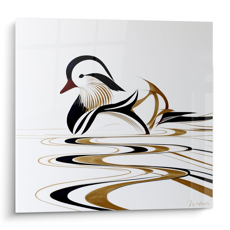 Tableau Canard mandarin doré aux vagues noires - Sillage sur l'eau - Edition Canard