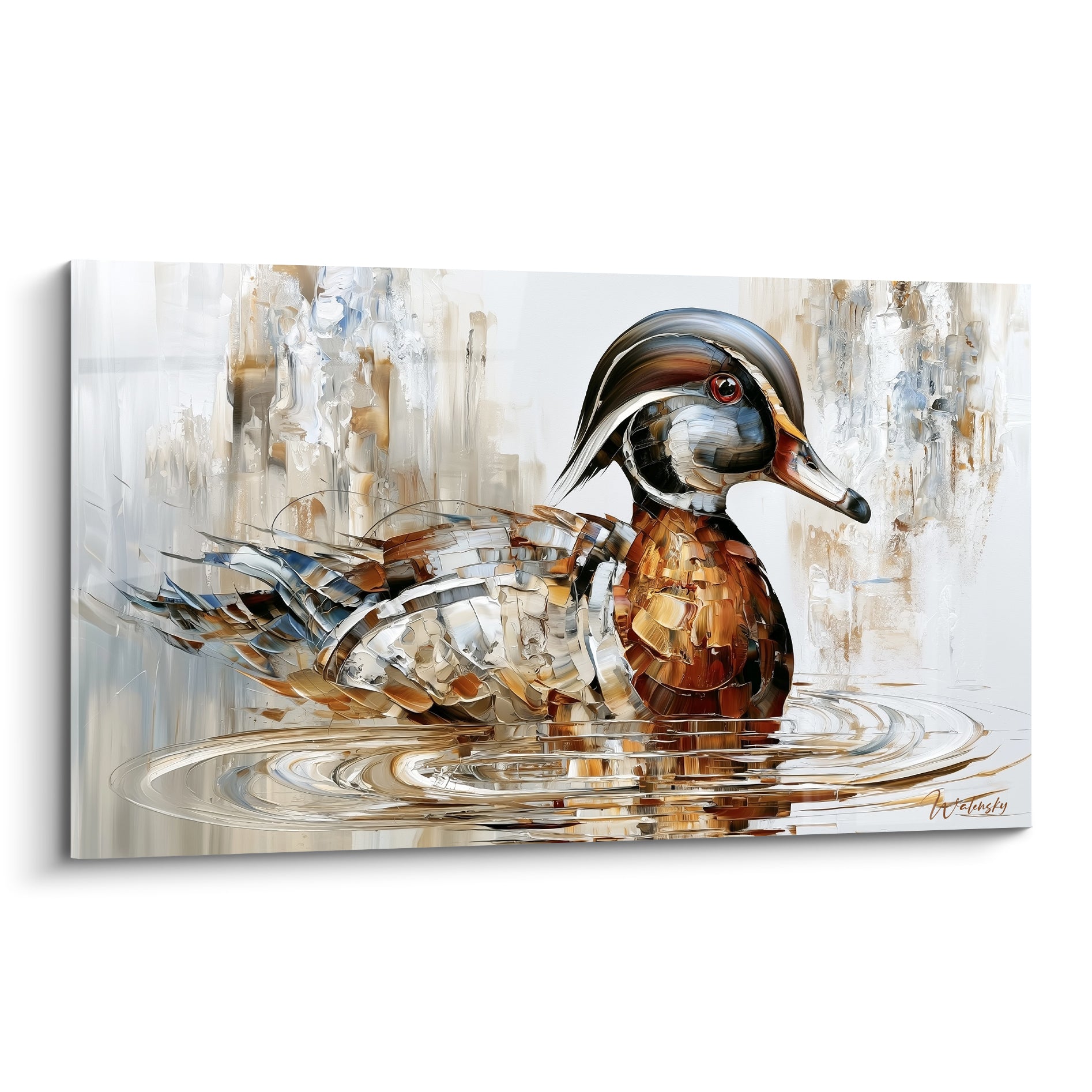 Canard mandarin fauve et anthracite flottant sur une eau argentée aux reflets circulaires