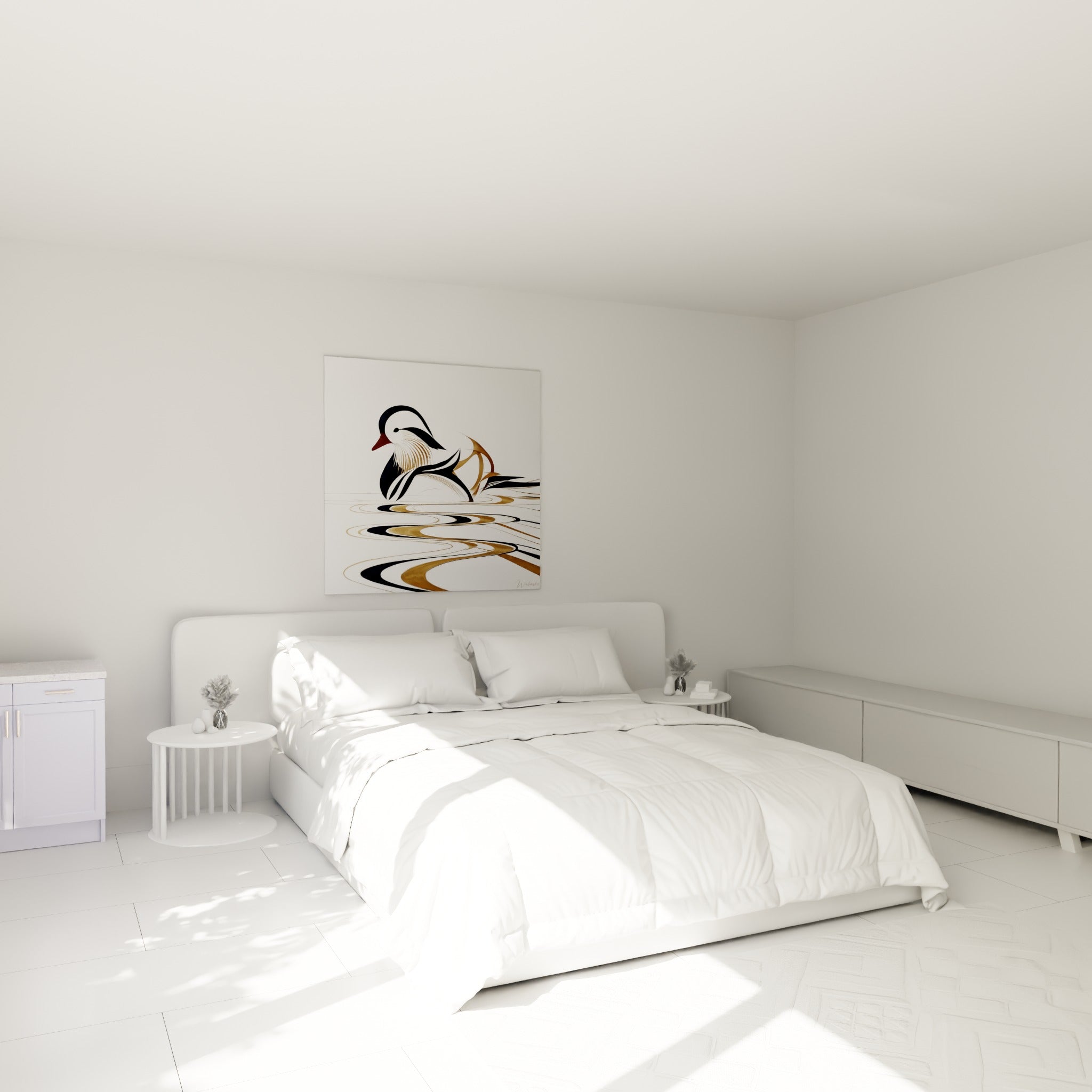 Silhouette de canard mandarin doré et noir accrochée au-dessus d'un lit dans une chambre claire