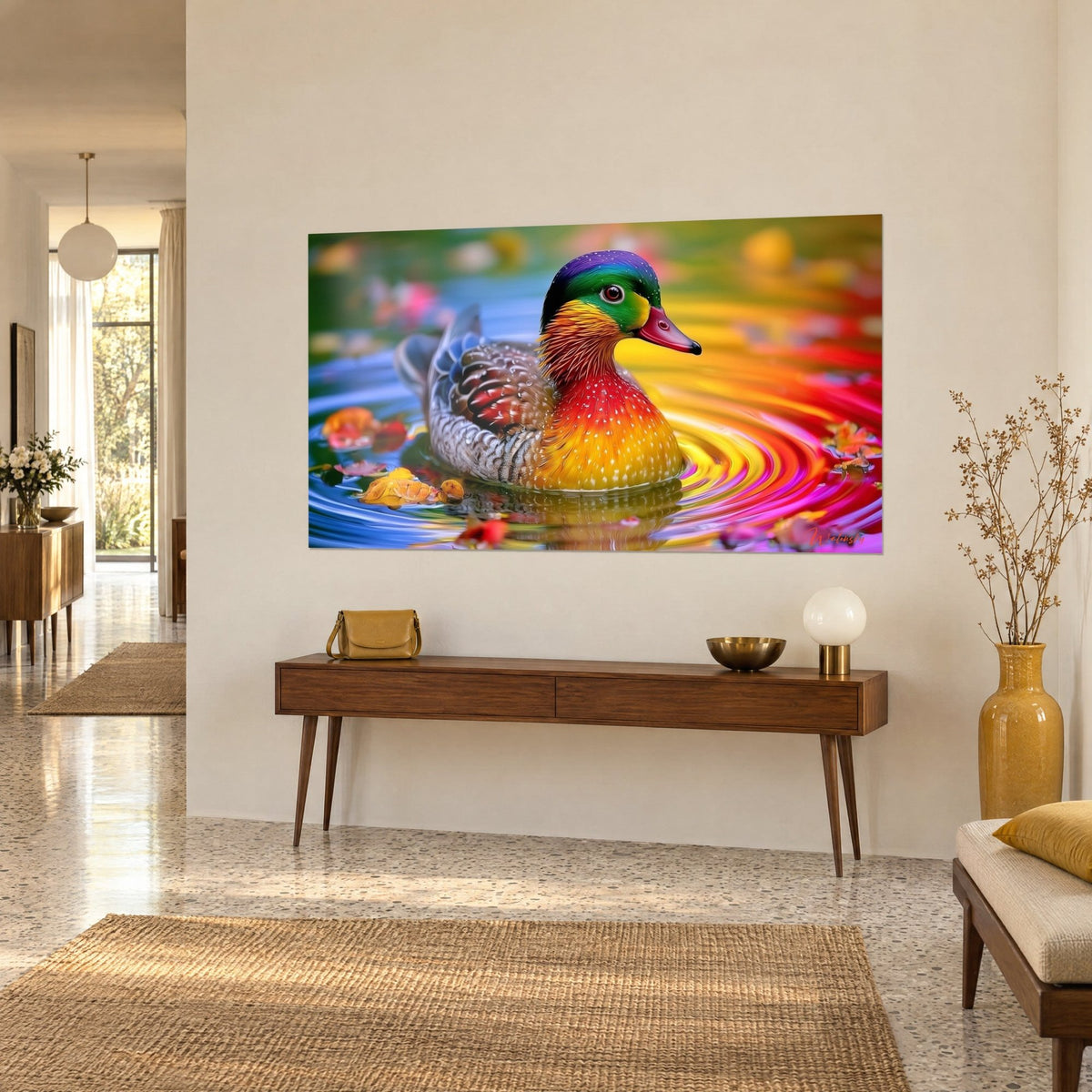 Tableau oiseau aquatique au plumage orange et bleu, cercles rouges et dorés sur l'eau, sur un mur beige, console en bois