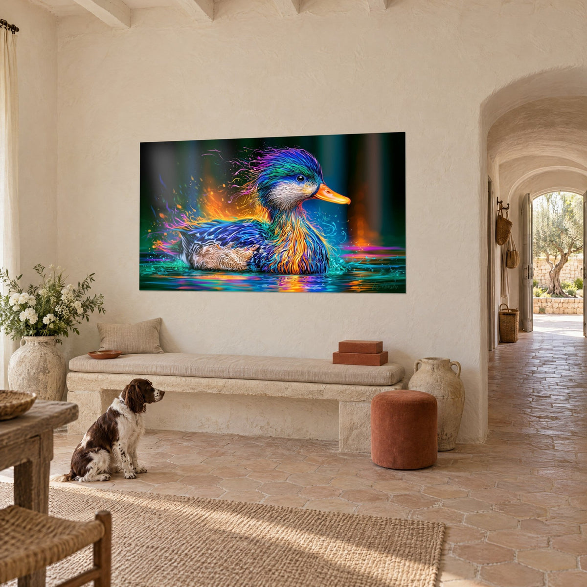 Tableau colvert fantaisiste crête violette, ventre orangé et eau turquoise, spaniel attentif devant le mur d'un mas provençal