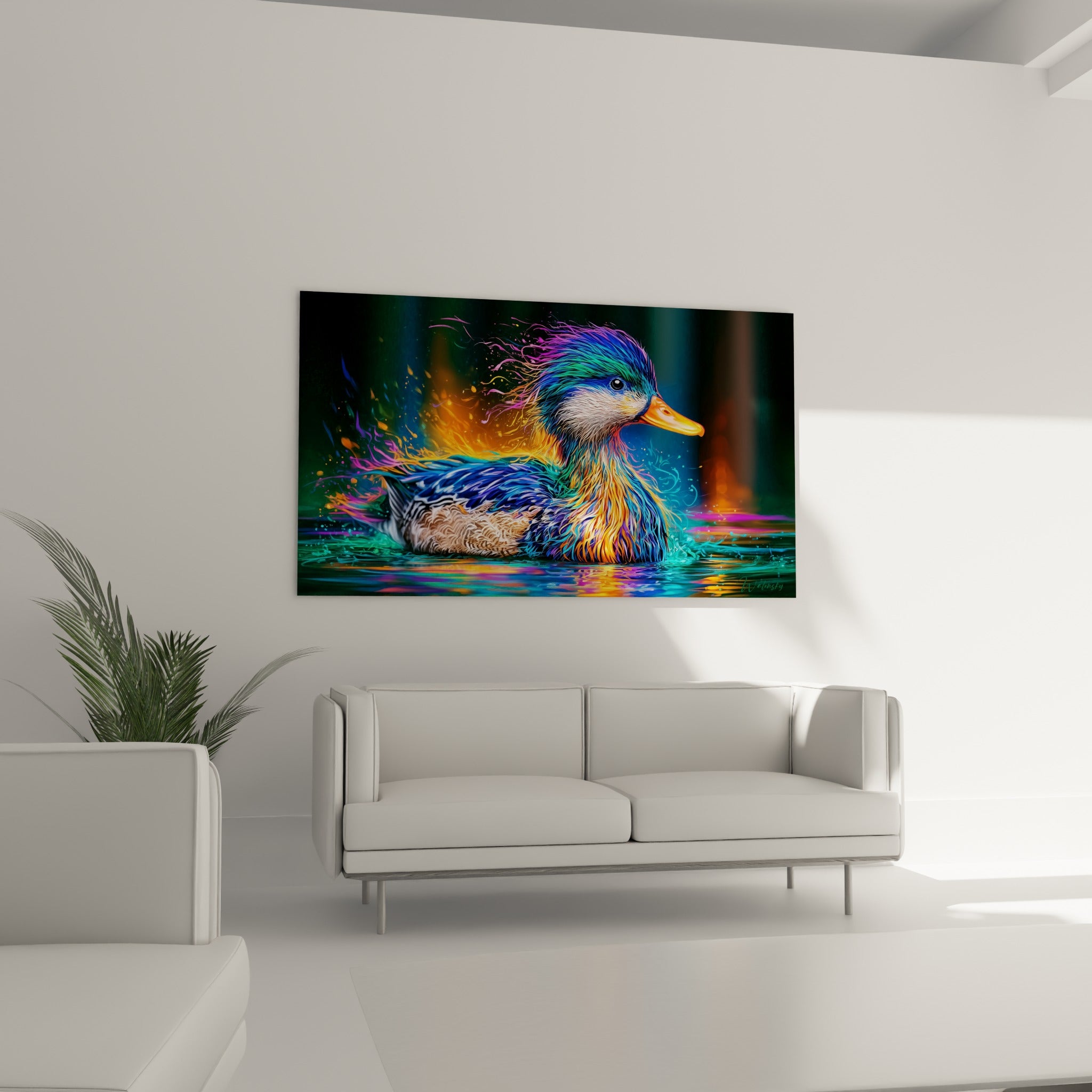 Canard mandarin orange et bleu vibrant accroché au-dessus d'un canapé dans un salon lumineux