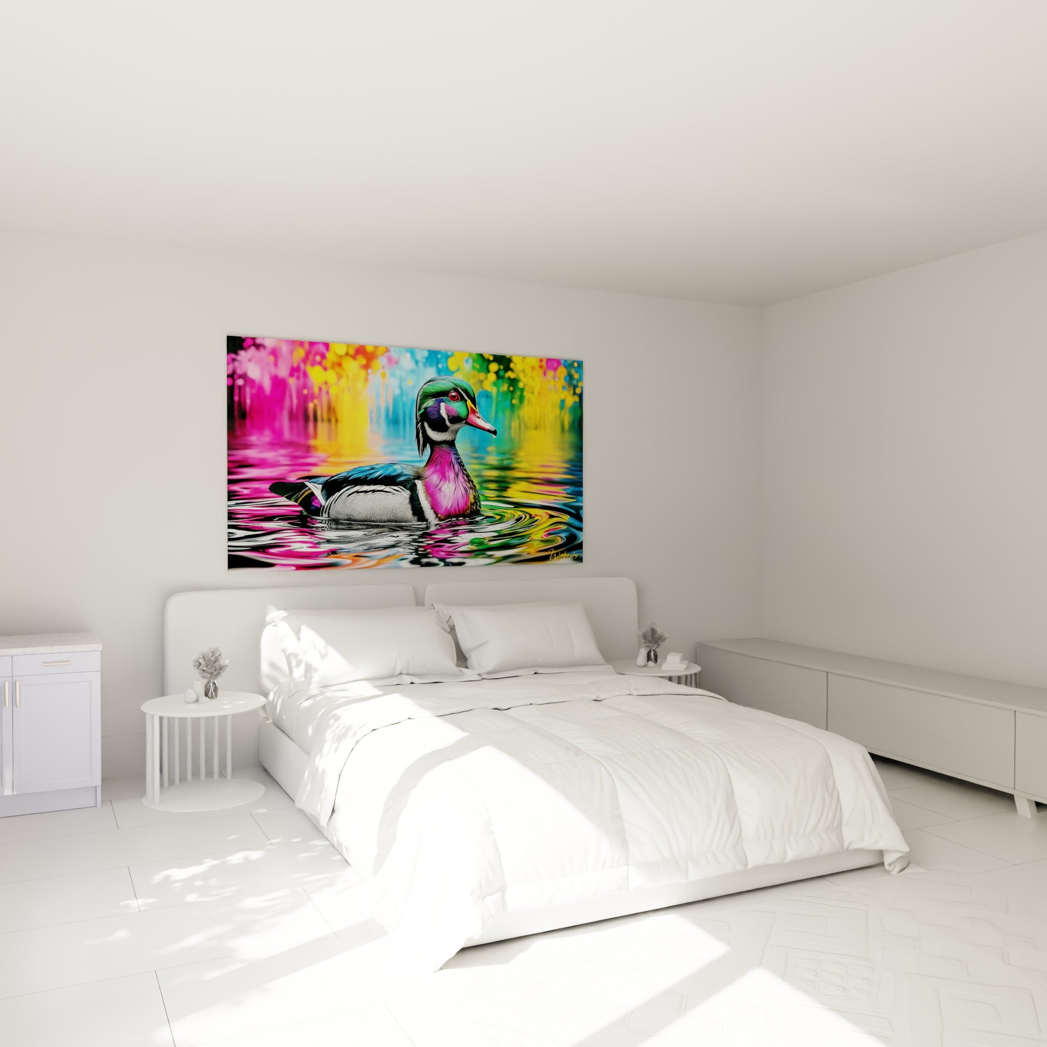 Volatile irisé rose et turquoise sur eau ondulante, au-dessus d'un lit dans une chambre claire