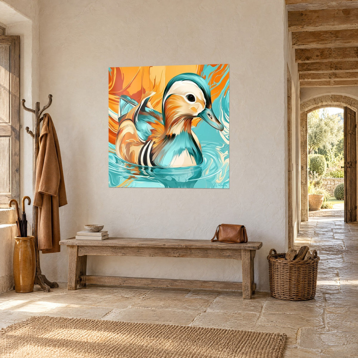 Tableau oiseau aquatique à huppe crème et bec bleu-vert, dos orange flamboyant, en vue de trois-quarts dans un hall de pierre