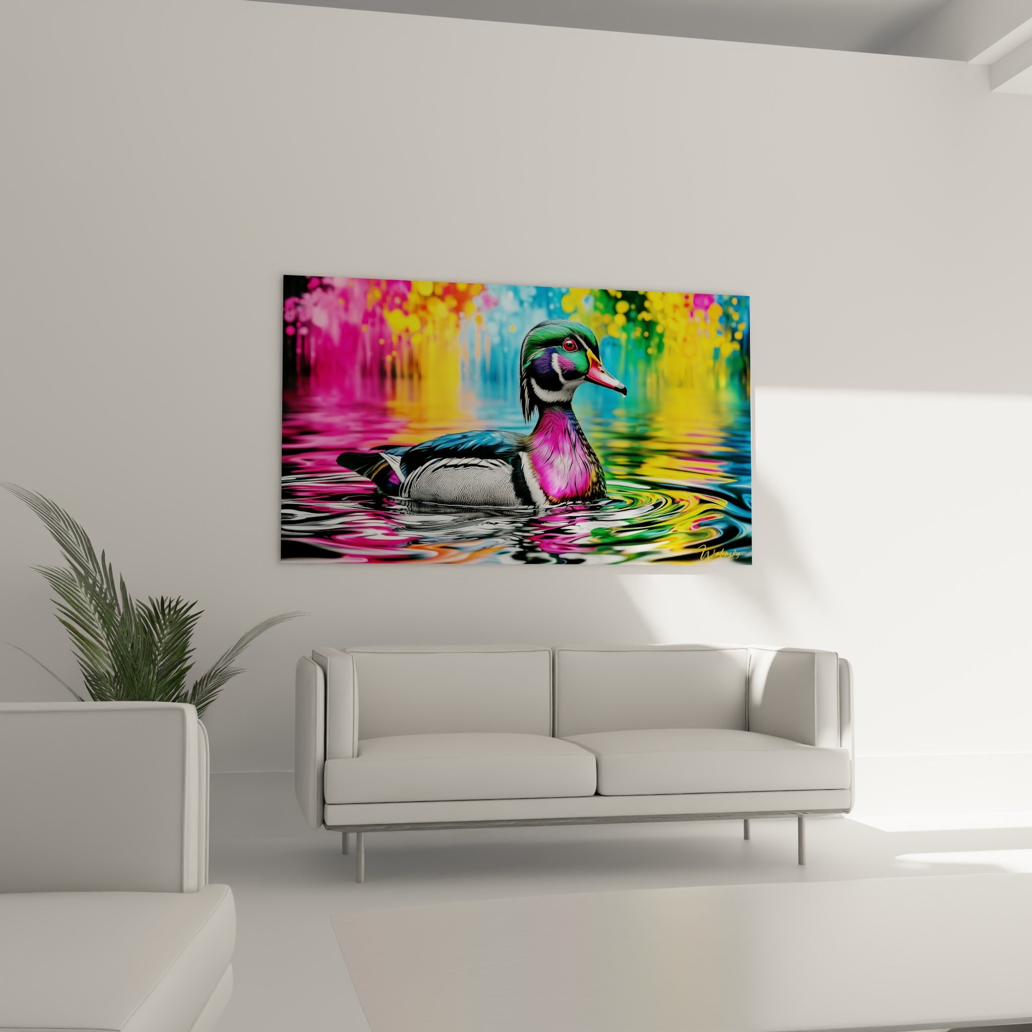 Oiseau aquatique aux teintes fuchsia et émeraude glissant sur l'eau, au-dessus d'un canapé dans un salon lumineux