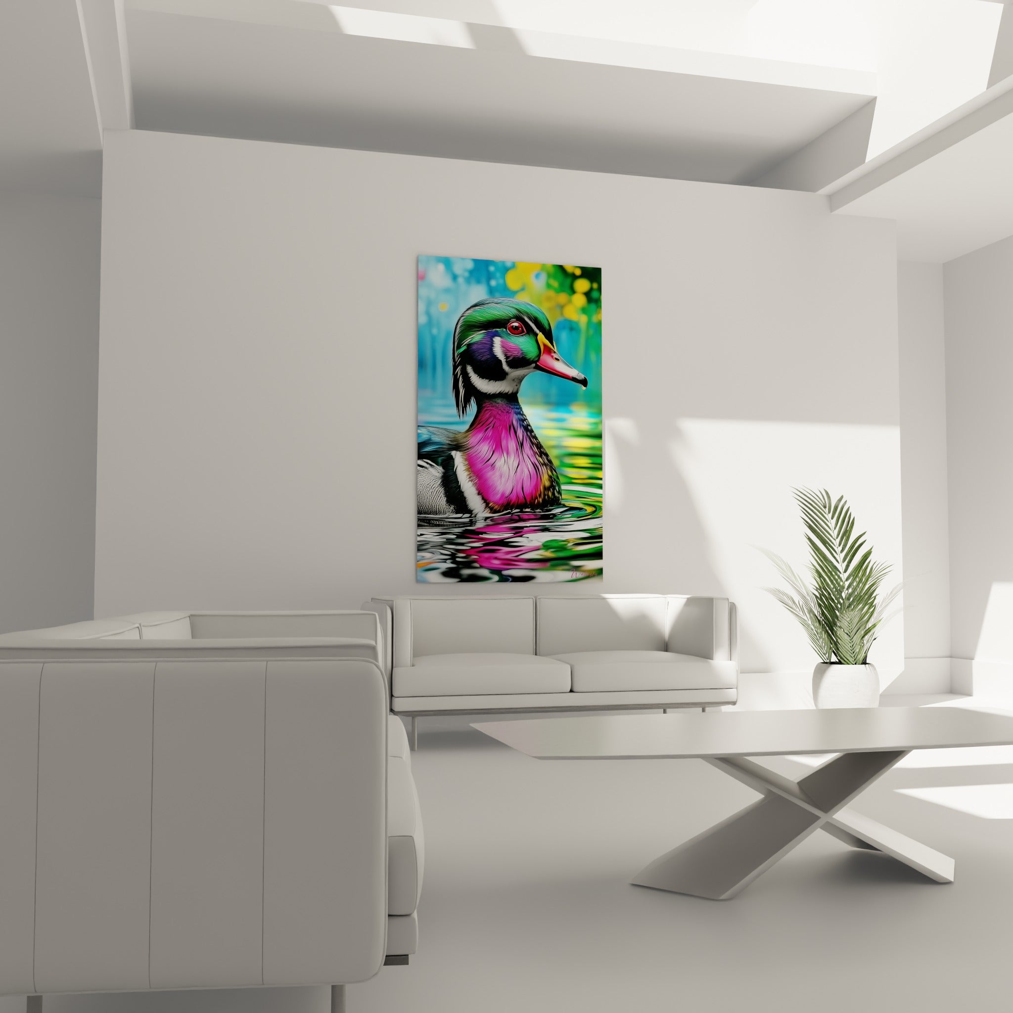 Reflets colorés du canard mandarin fuchsia et vert au-dessus d'un canapé dans un salon lumineux