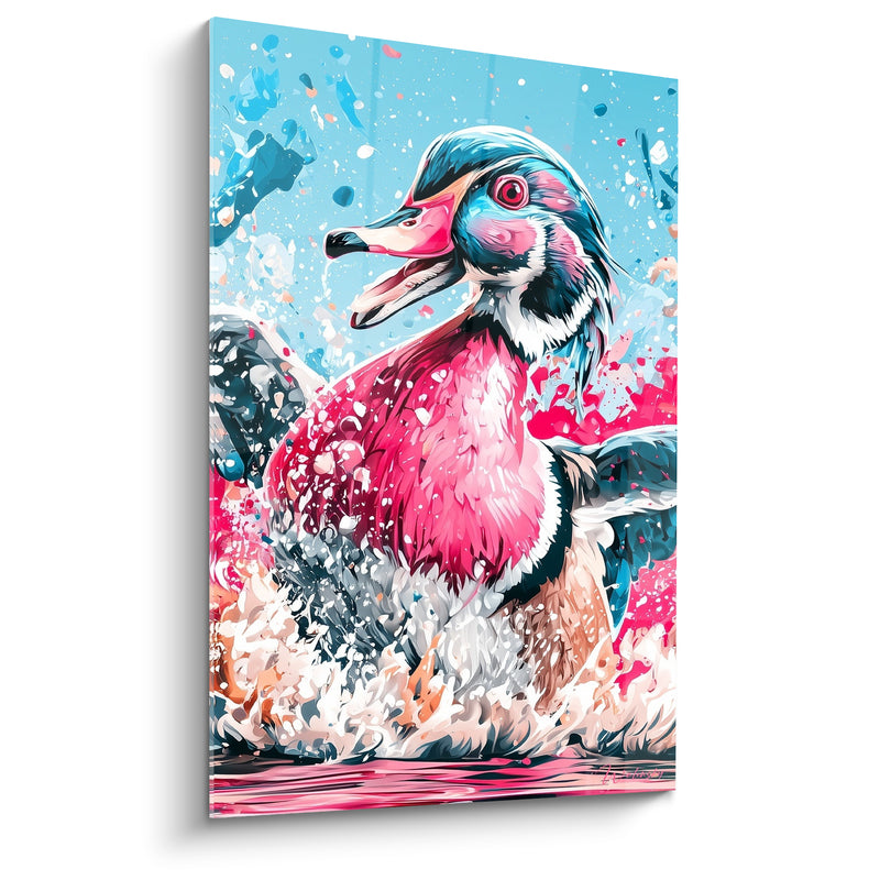 Tableau Canard mandarin rose et bleu bec entrouvert - Éclaboussures en cascade - Edition Canard