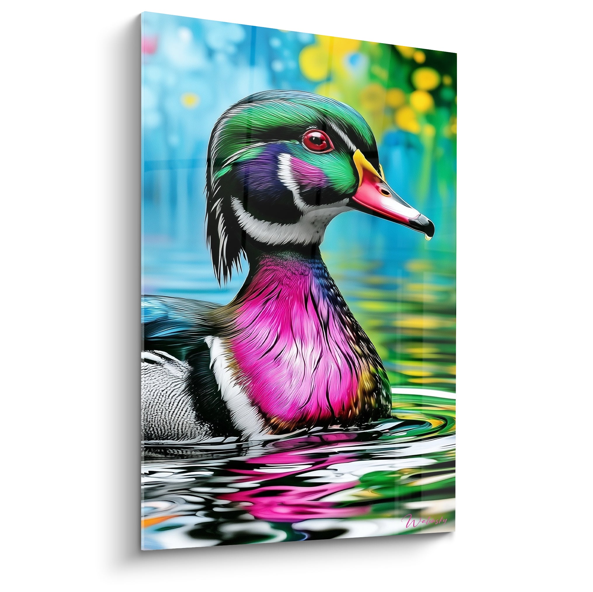 Canard mandarin rose fuchsia et vert émeraude flottant sur une eau turquoise miroitante