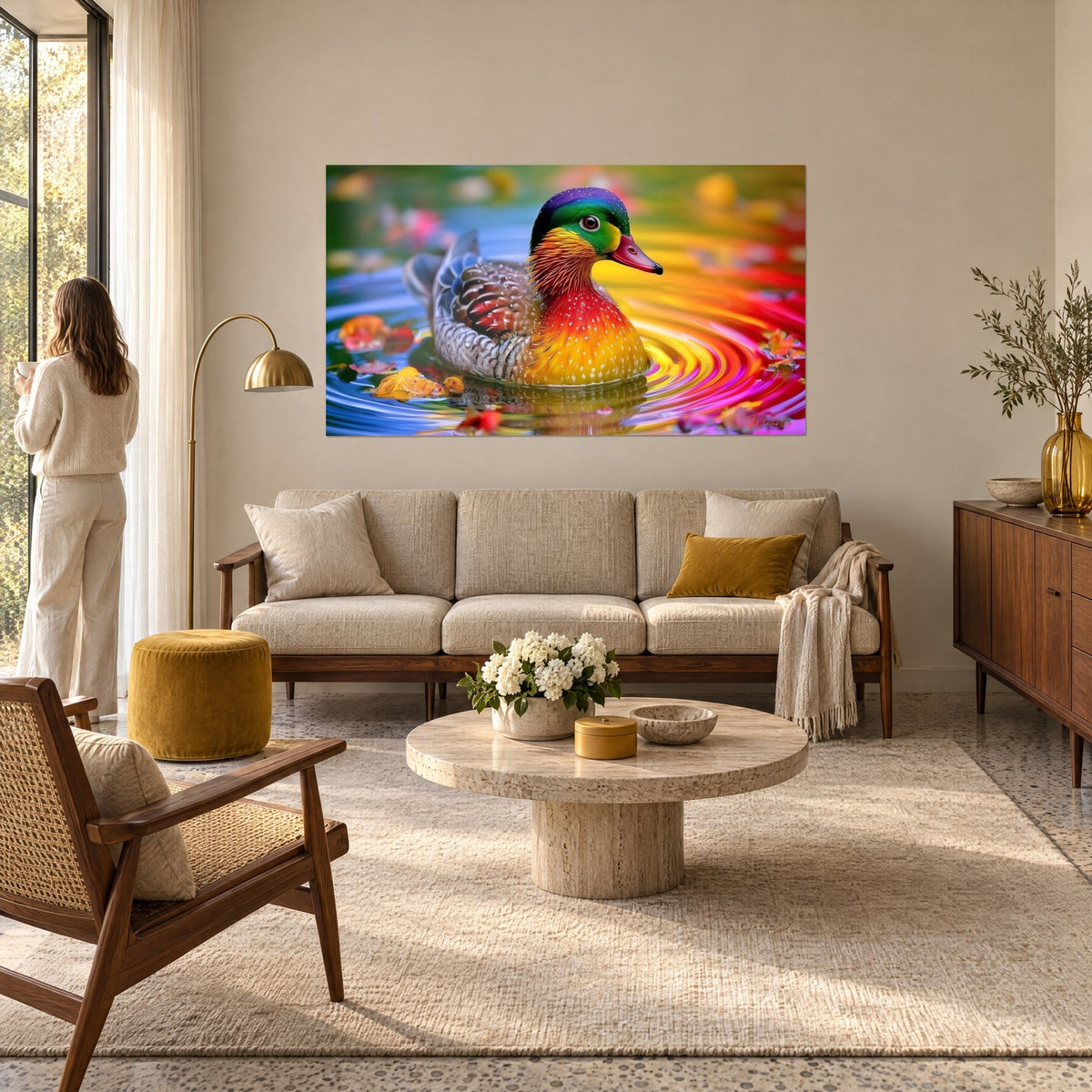 Tableau canard mandarin à la tête verte et violette sur eau irisée rouge et jaune, au-dessus d'un canapé dans un salon lumineux