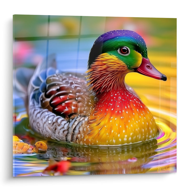 Tableau Mandarin rouge et jaune constellé de gouttelettes - Feuilles flottantes à la surface - Edition Canard