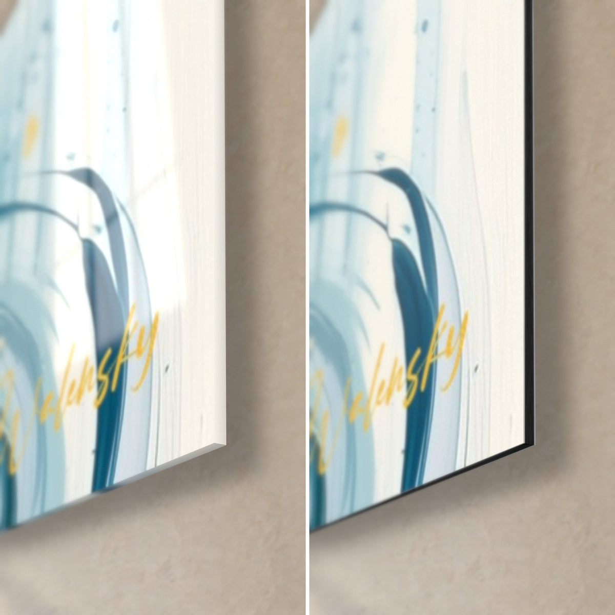 Wall art of a navy-feathered waterfowl, bottom right corner: glossy acrylic glass on the left, matte black Dibond on the right, 3 mm edge