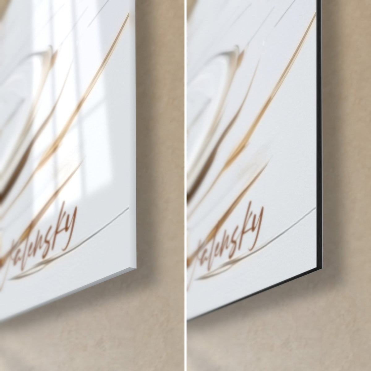 Wall art of a waterfowl with brown and white knife strokes, bottom right corner, Walensky signature, glossy glass and matte Dibond