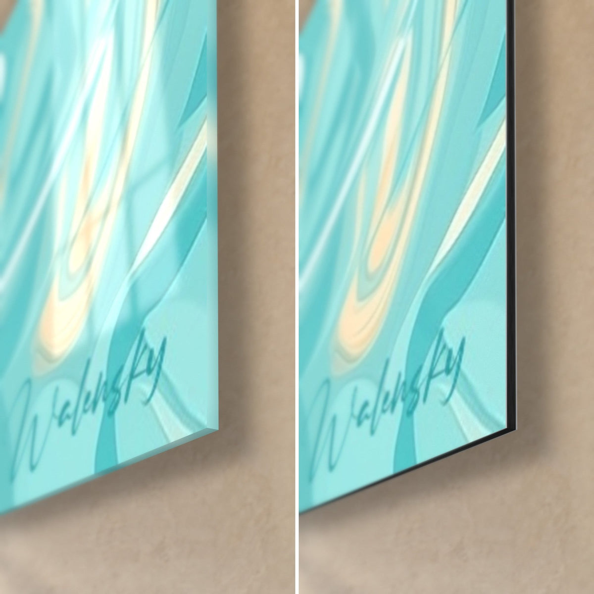 Tableau mandarin aux ondes turquoise et ivoire, coin bas droit, verre acrylique brillant reflétant la lumière et Dibond noir mat de 3 mm