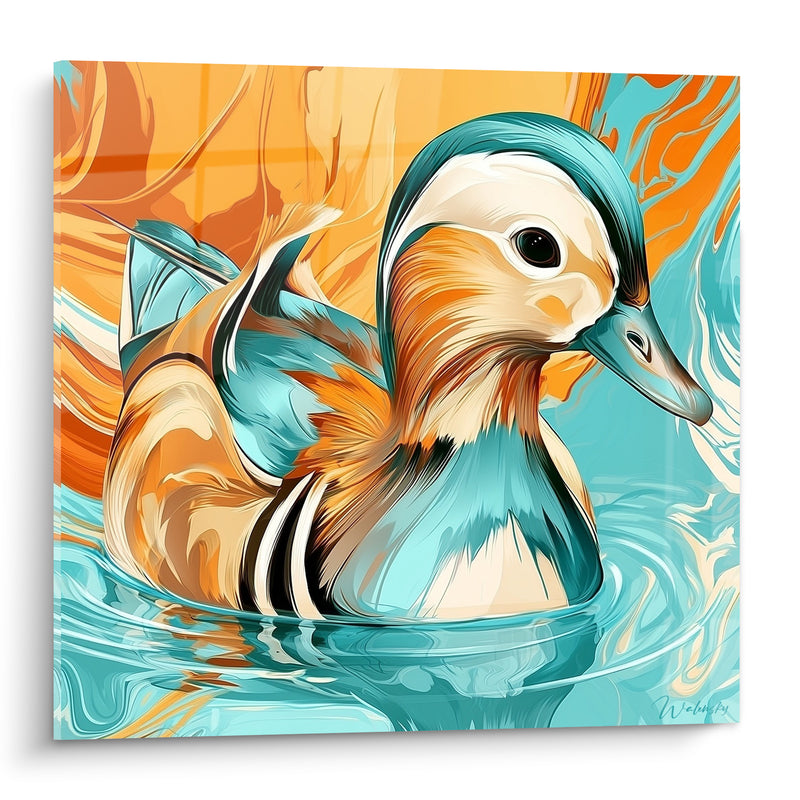 Tableau Canard mandarin turquoise et orange sur l'eau - Reflets sur l'étang - Edition Canard