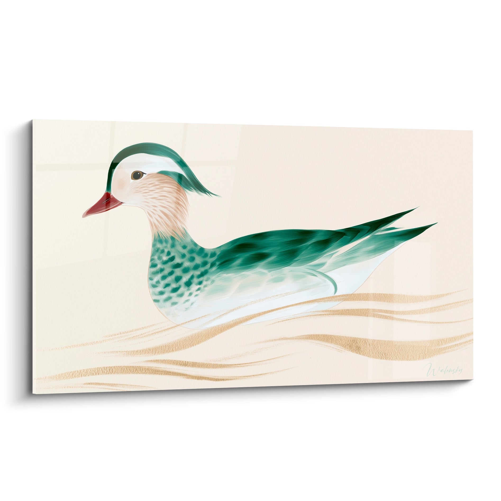 Canard mandarin vert émeraude et bec rouge posé sur des vagues dorées et fond crème.