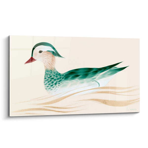 Mandarin Duck Green Emerald and Beige on Golden Waves - Red Beak White Crest - Duck Edition