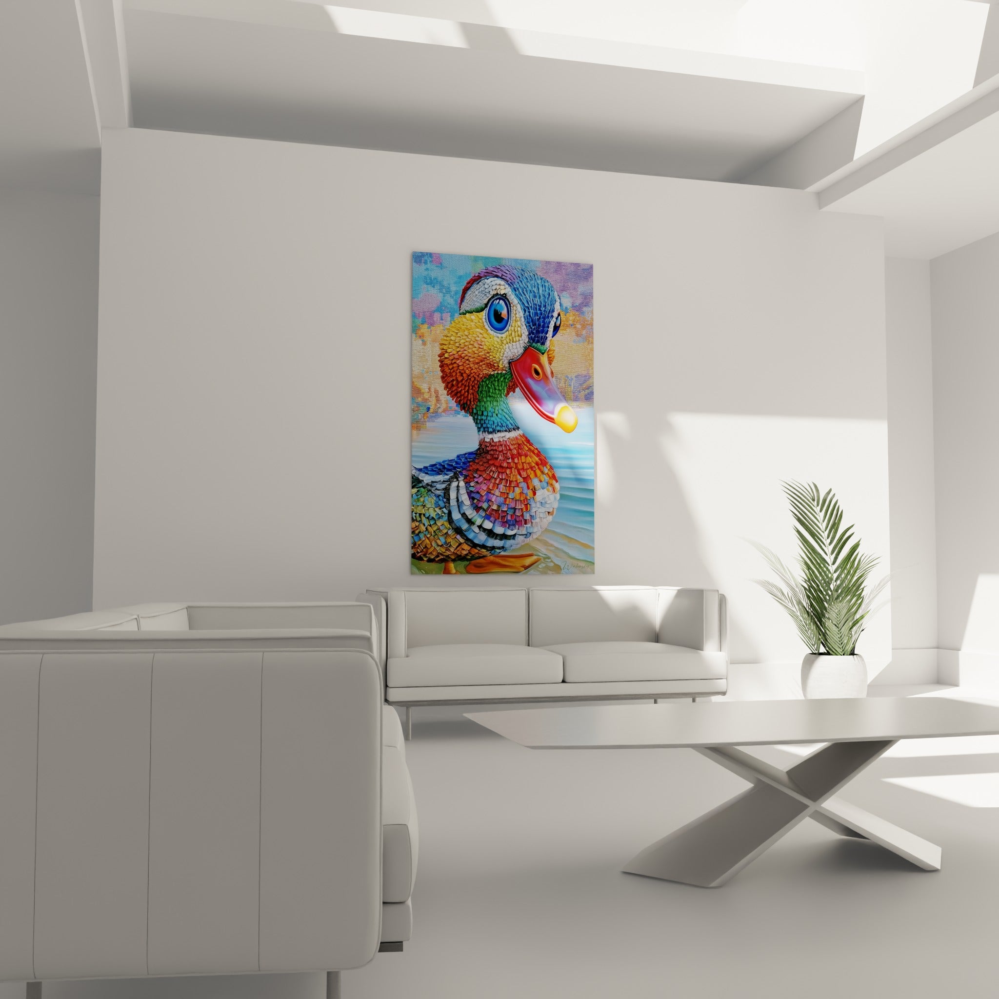 Canard mandarin vert émeraude et bleu marine au-dessus d'un canapé dans un salon lumineux