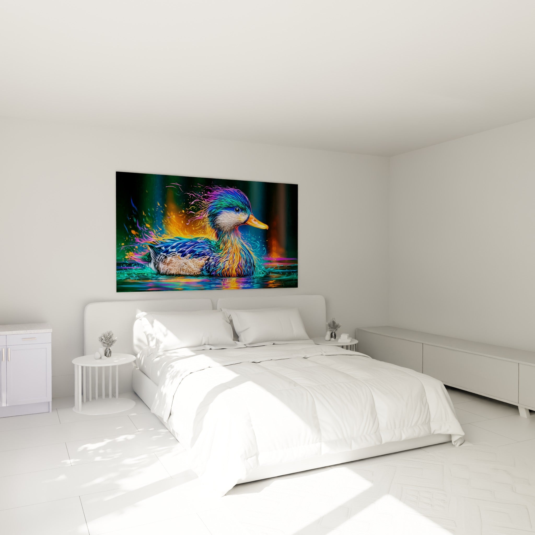 Canard mandarin aux plumes bleu et violet flamboyantes au-dessus d'un lit dans une chambre claire