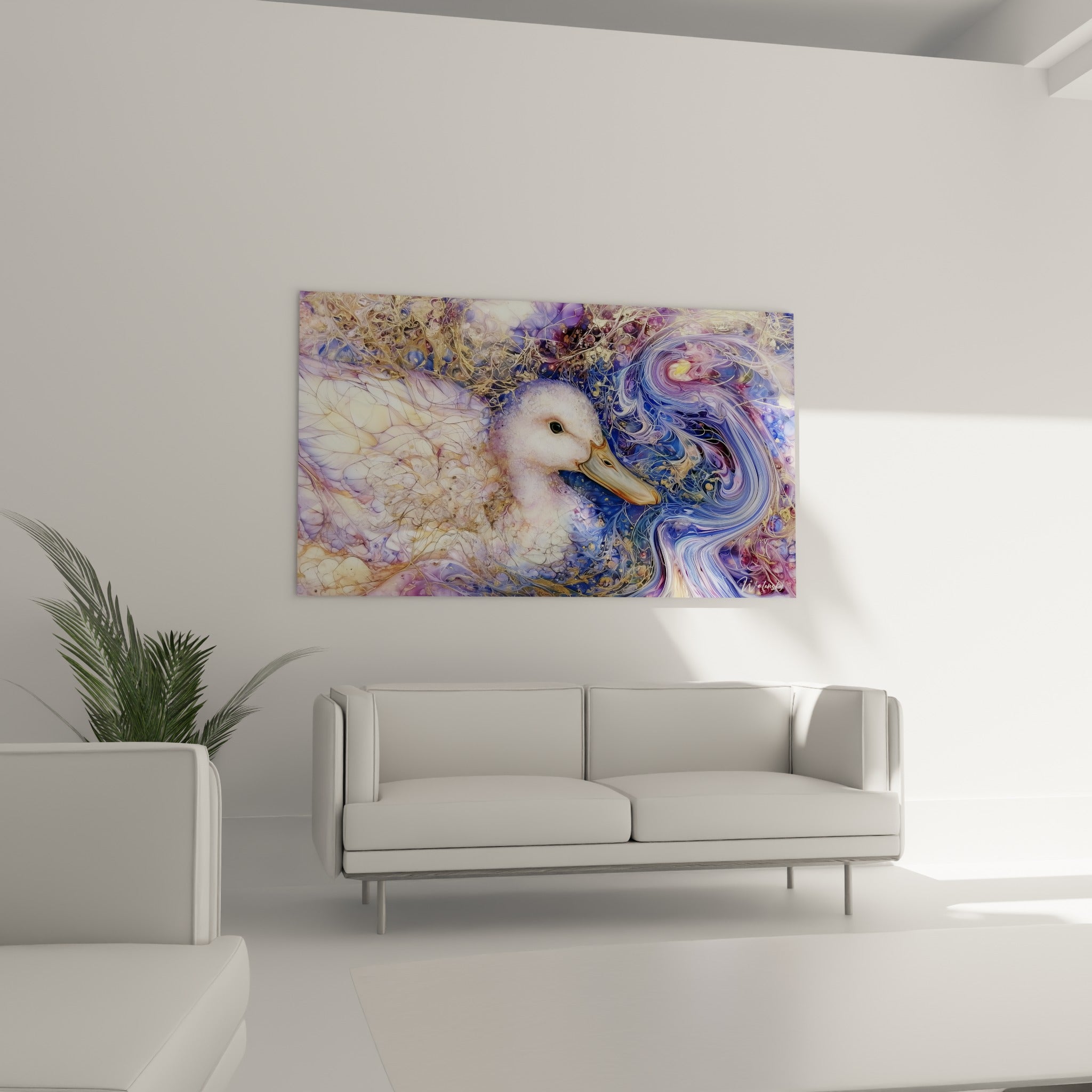 Palmipède pastel enveloppé de tourbillons bleus au-dessus d'un canapé dans un salon lumineux