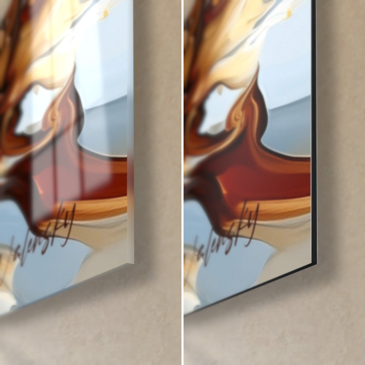 Tableau palmipède blanc et ocre, coin bas droit : verre acrylique brillant à gauche, alu Dibond noir mat à droite