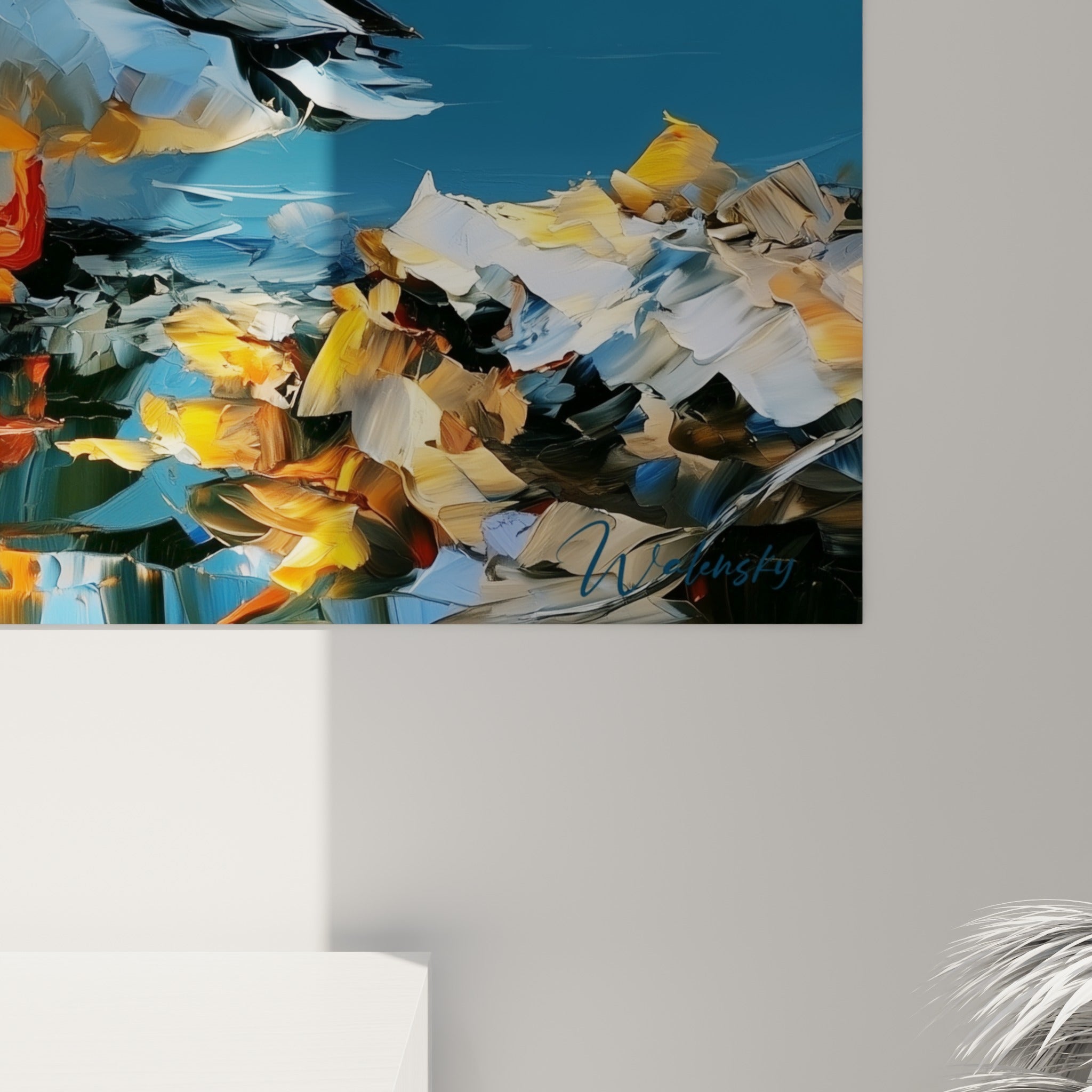 Empâtements bleu ardoise et orangé vif, matière épaisse en relief, coulures dorées sur la toile