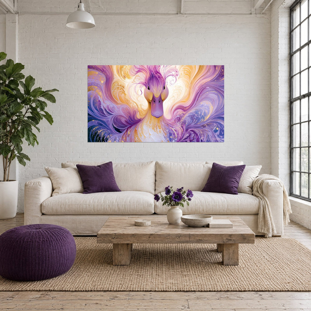 Schilderij eend met wervelende violette en gouden veren, lila snavel, boven een bank in een lichte woonkamer