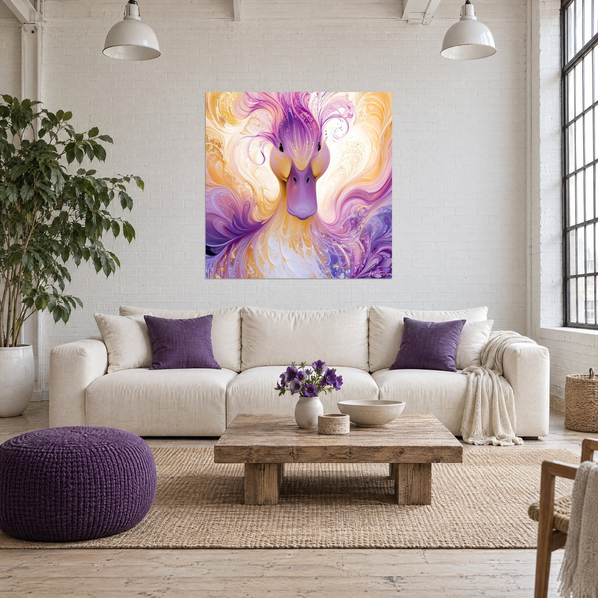 Wall art of a duck with a lilac beak and swirling marbled violet and gold patterns, above a sofa in a bright living room