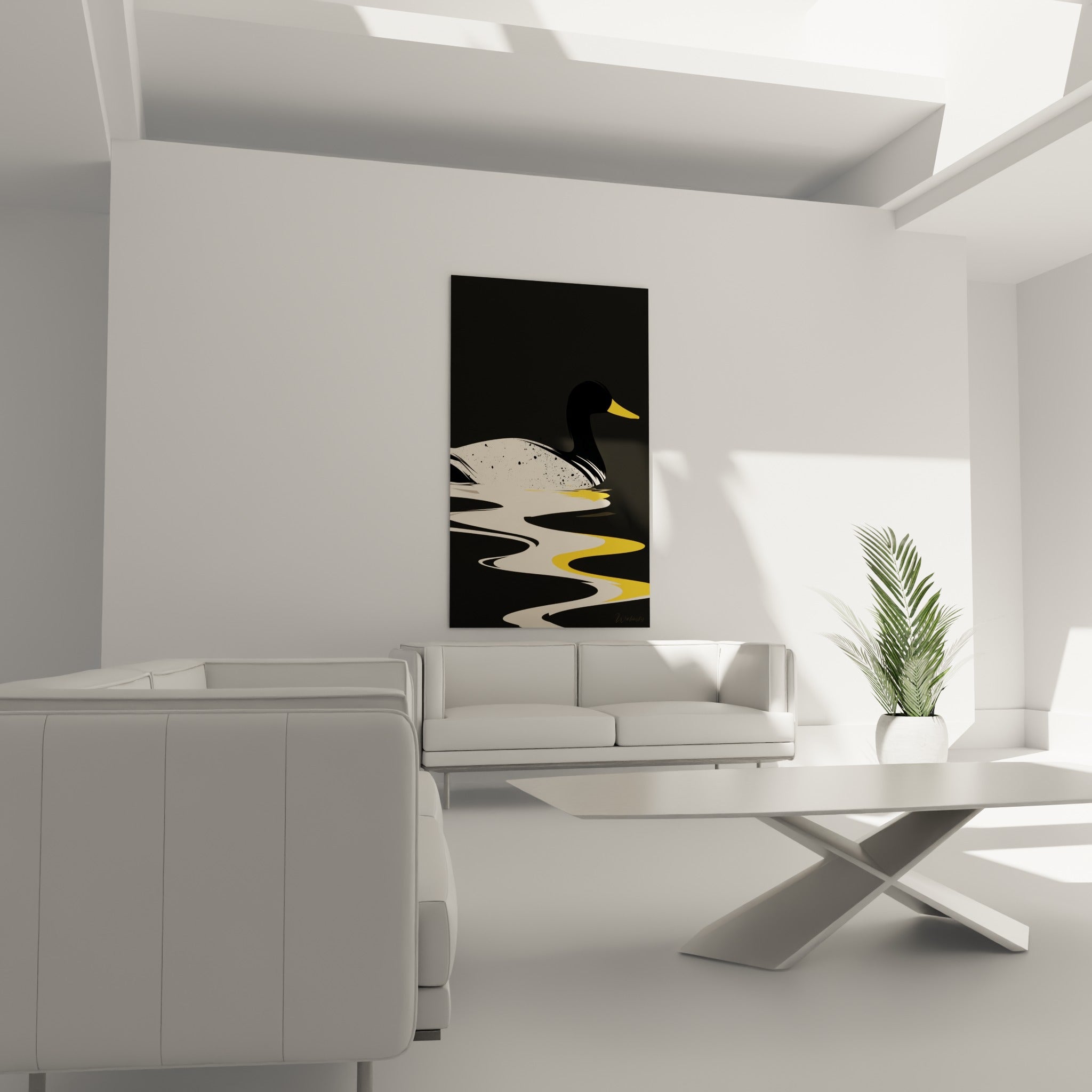 Silhouette anthracite au sillage jaune moutarde, au-dessus d'un canapé dans un salon lumineux