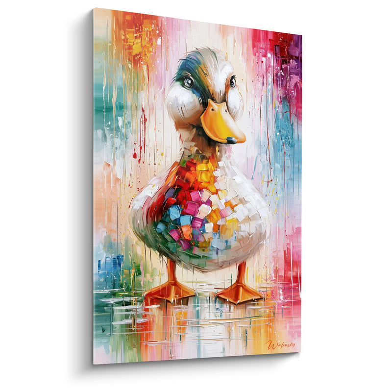 Tableau Canard blanc au poitrail multicolore mosaïqué - Regard debout sur pattes - Edition Canard