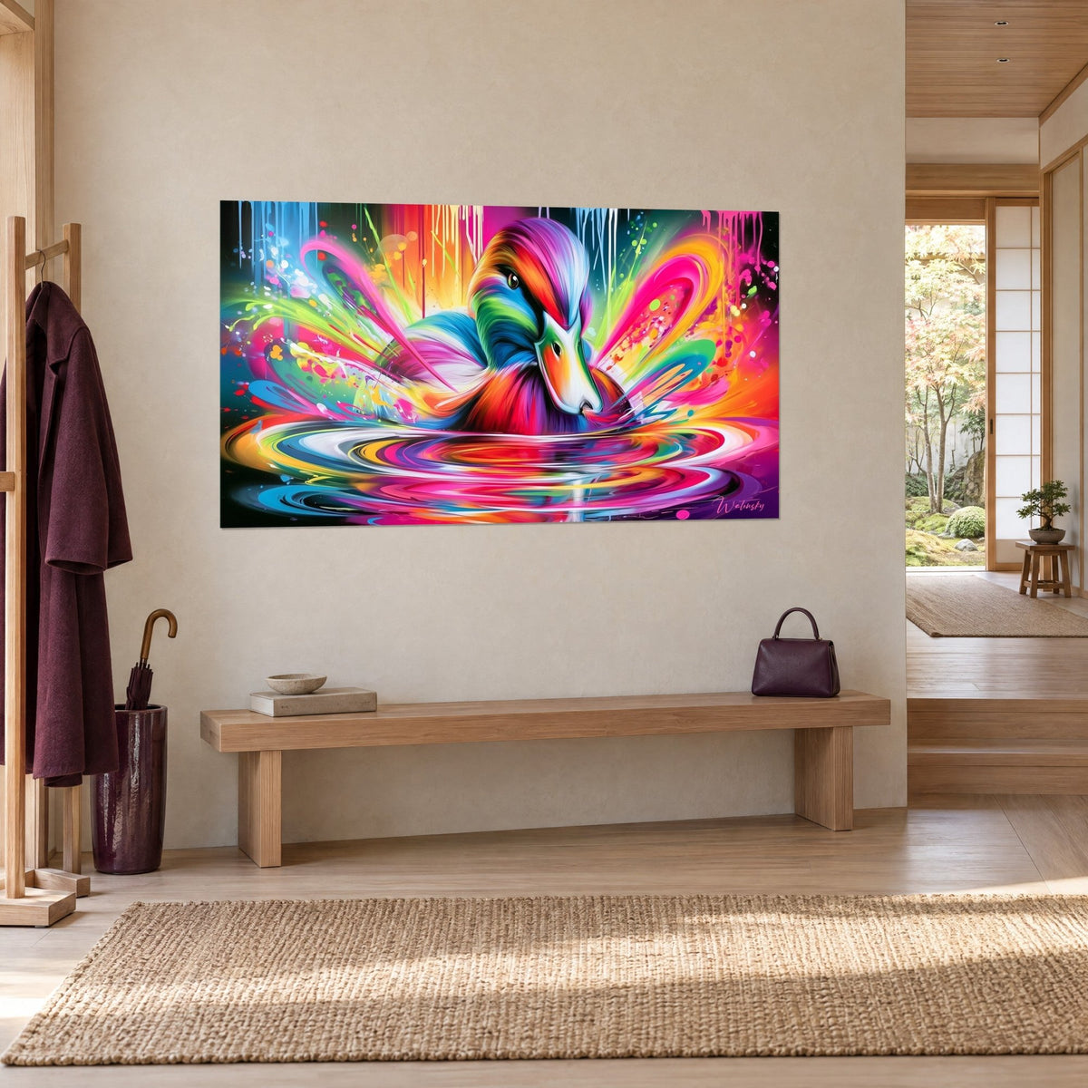 Tableau volatile prismatique au bec blanc, plumes vertes et magenta, onde turquoise concentrique, sur un mur beige près d'un banc en bois