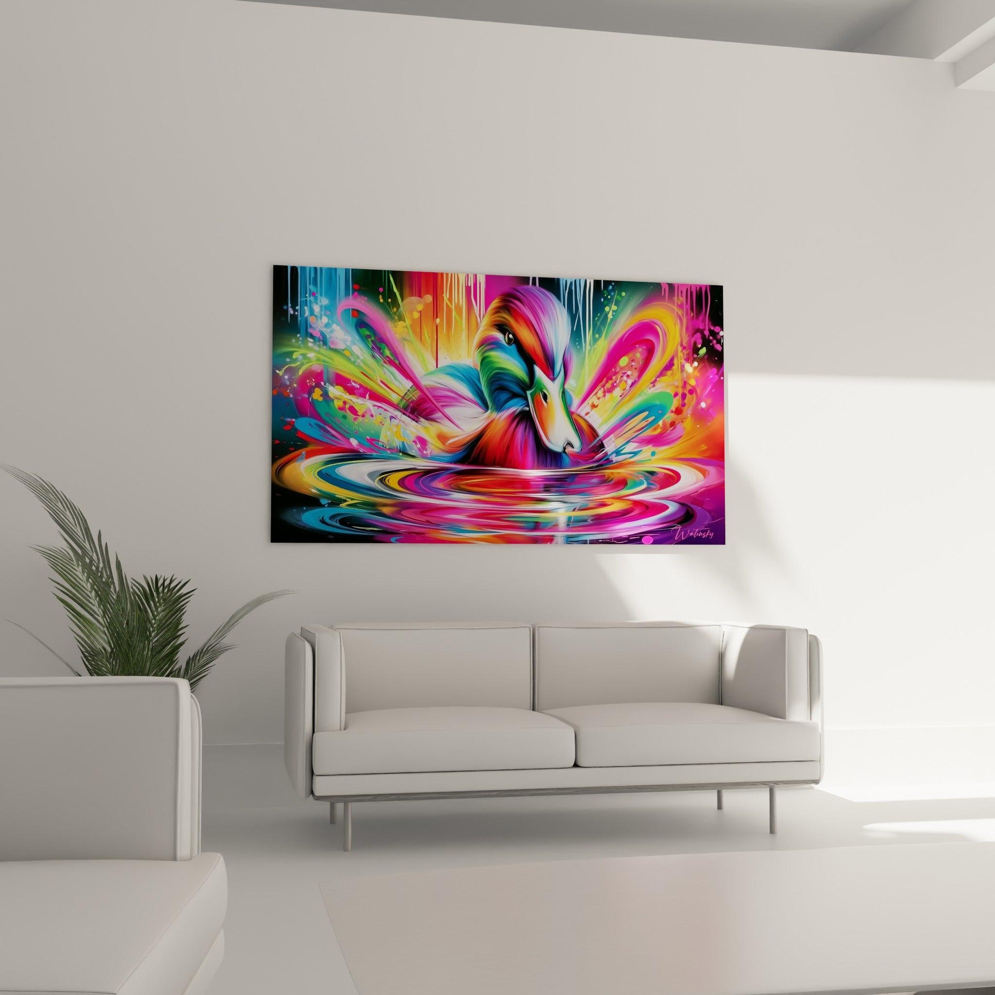 Canard mandarin vibrant en turquoise et magenta, disposé au-dessus d'un canapé dans un salon lumineux