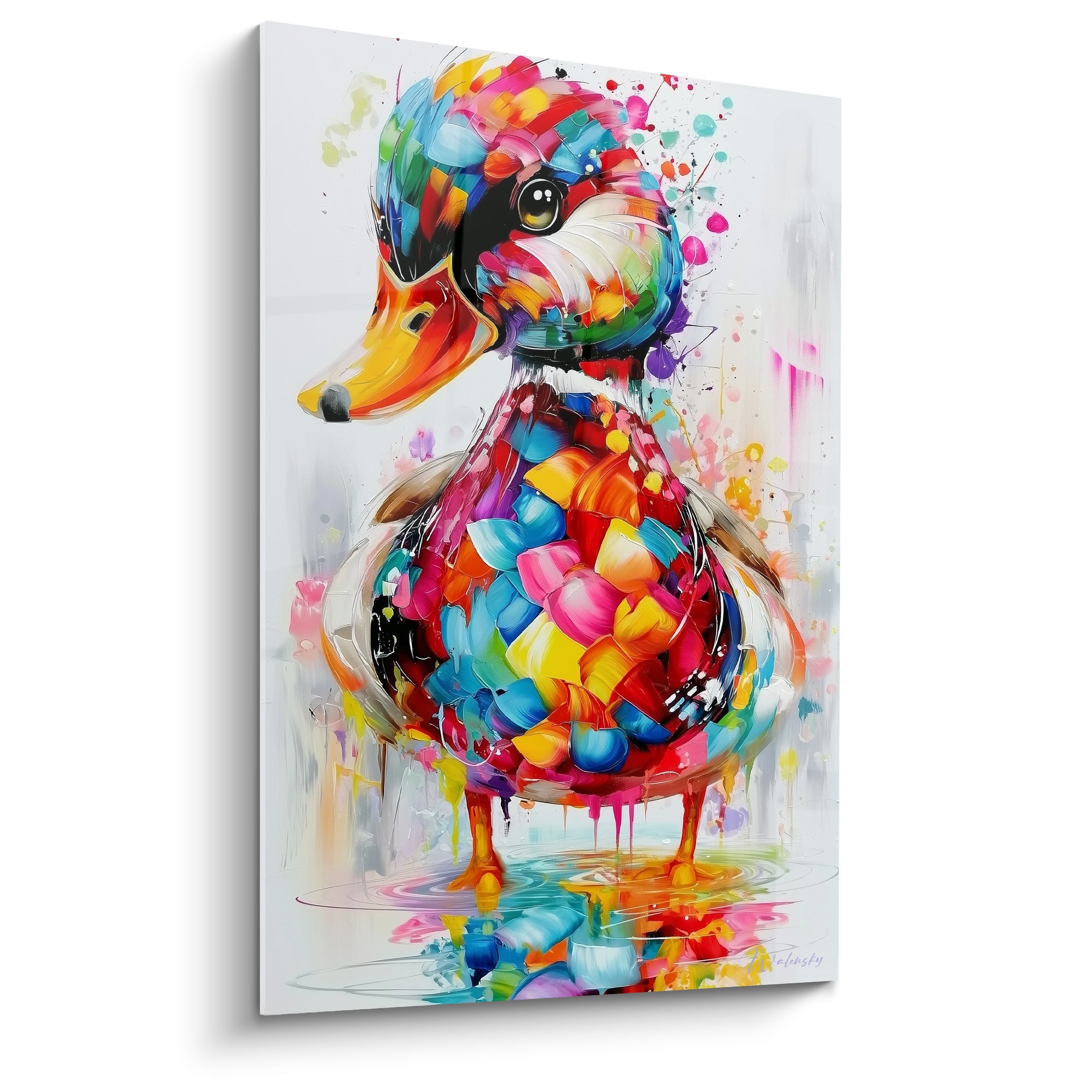 Canard multicolore de profil, plumage éclaté en bleu turquoise, rose et jaune vif