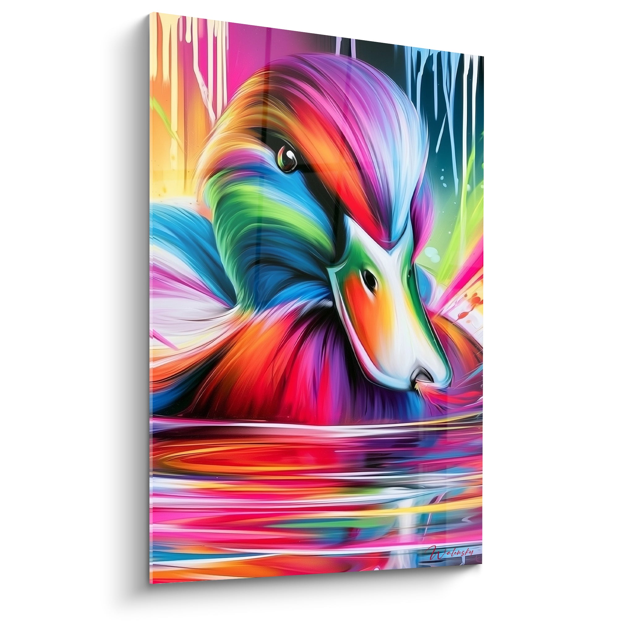 Canard mandarin aux plumes fuchsia, turquoise et violettes reflétées dans une eau colorée