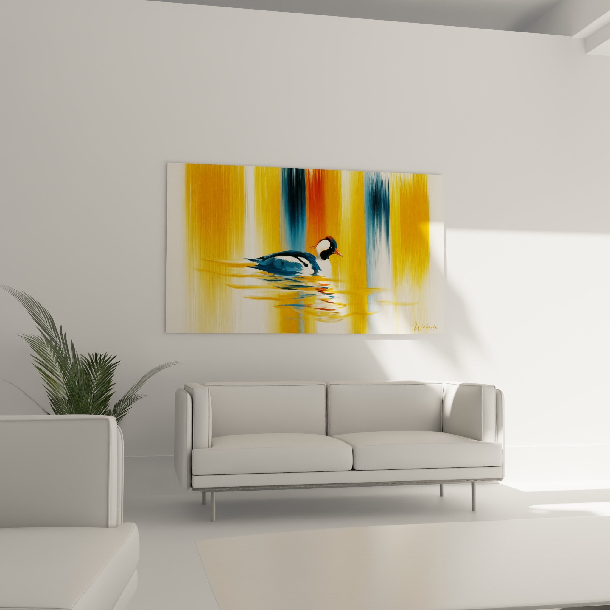 Canard nageant dans une eau dorée, tableau suspendu au-dessus d'un canapé dans un salon lumineux