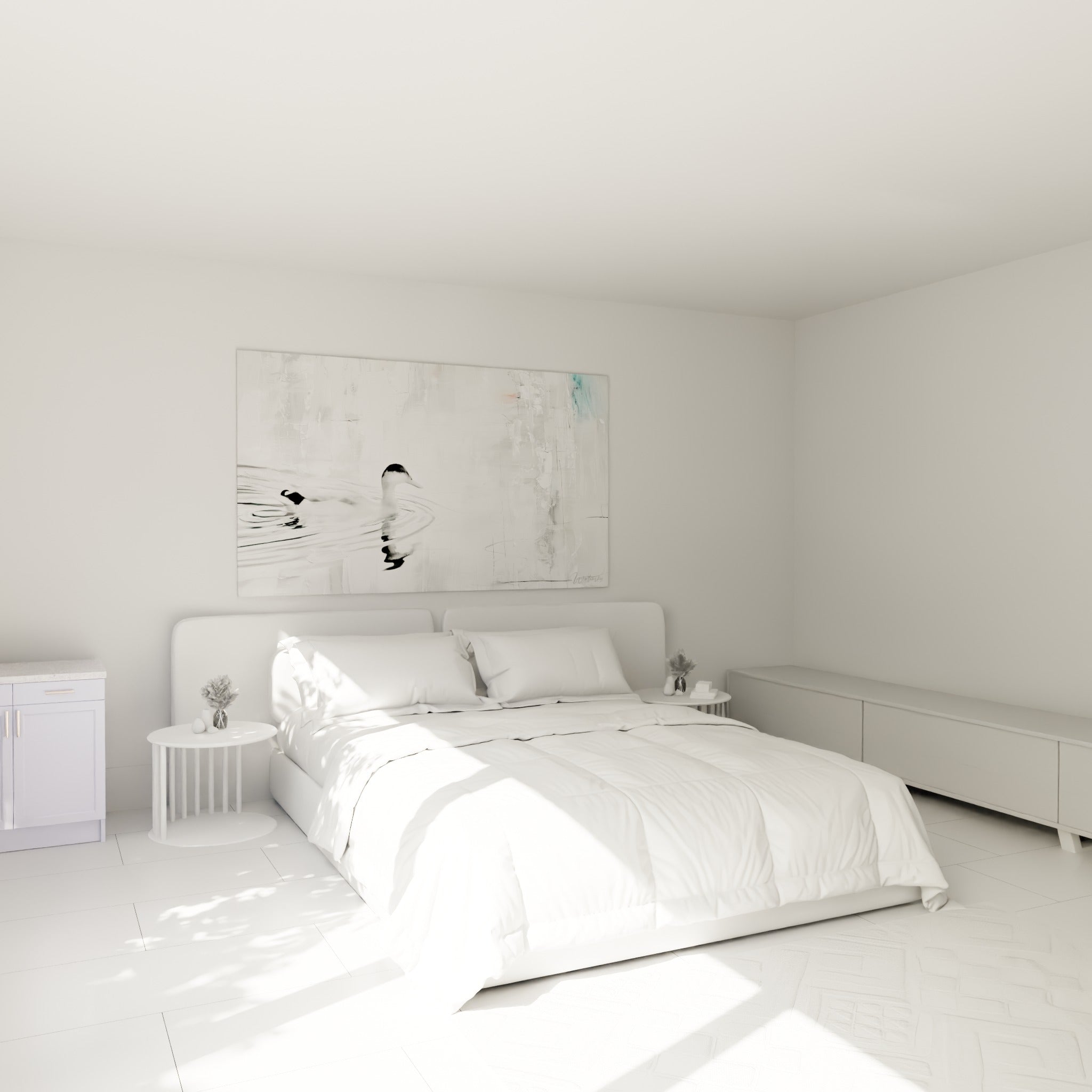 Canard blanc nageant sur eau grise et bleu pastel, accroché au-dessus d'un lit dans une chambre claire