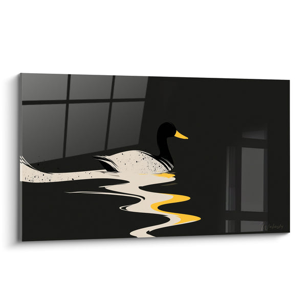 Gemälde Schwarzer Stockente mit cremefarbenem und gelbem Wellenschliff - Reflektierte Fenster - Enten-Edition