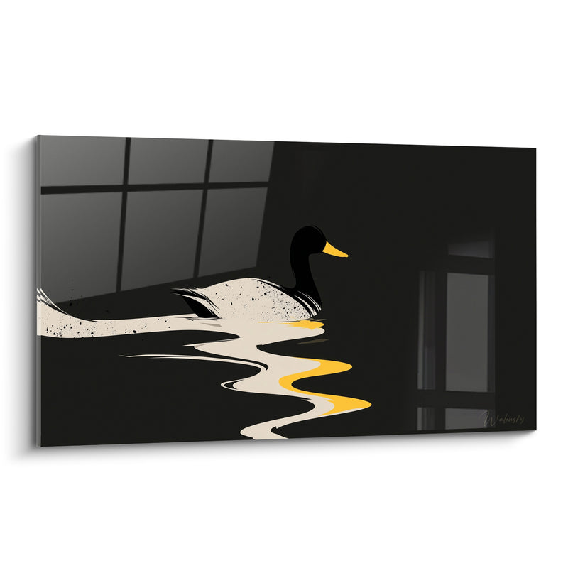 Tableau Canard tête noire au sillage crème et jaune ondulant - Fenêtres reflétées - Edition Canard