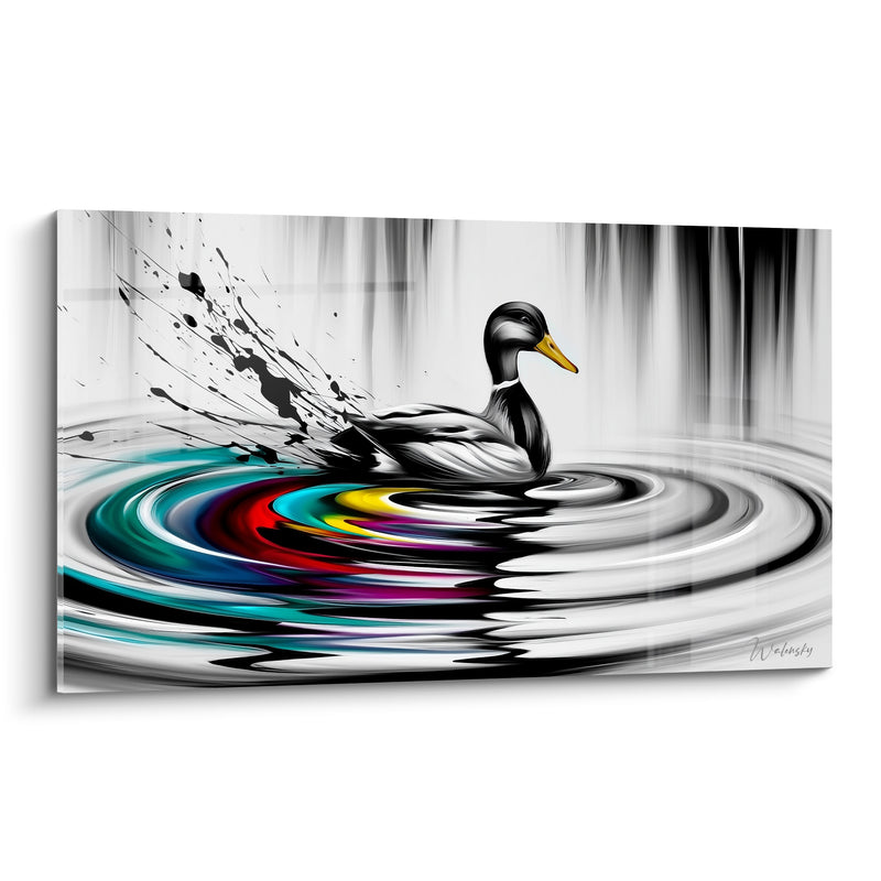 Tableau Canard noir et blanc bec doré ondes multicolores - Sillage éclatant - Edition Canard