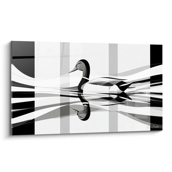 Canard noir et blanc glissant sur un sillage graphique fait de vagues anthracite et grises