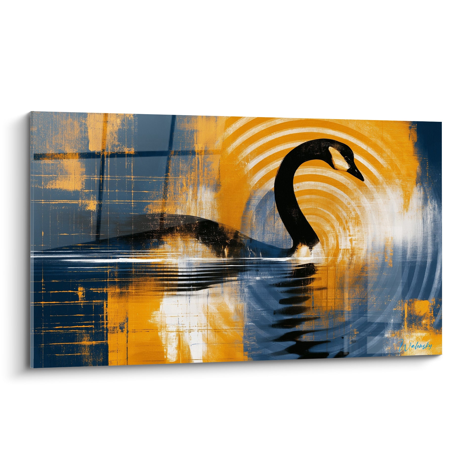 Canard noir au col courbé entouré de cercles ocre et bleu marine sur toile graphique