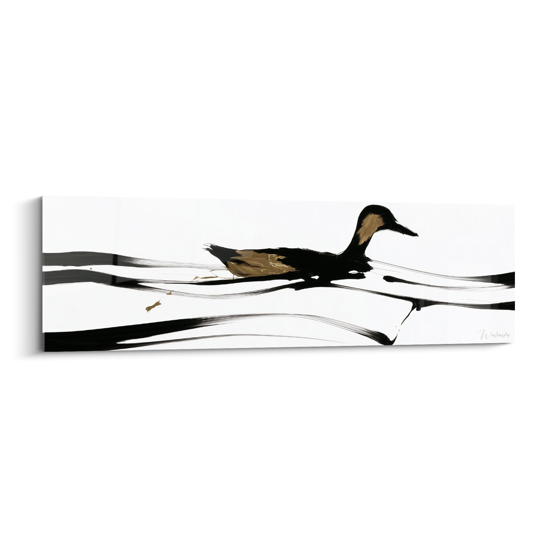 Canard noir et doré glissant sur une eau blanche, traits calligraphiques et empâtements picturaux