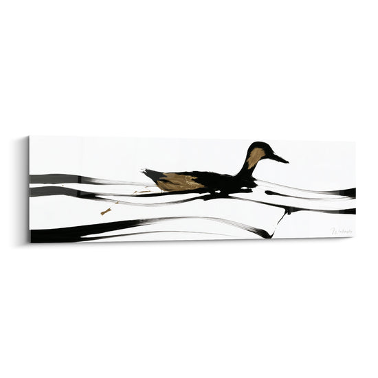Canard noir et doré glissant sur une eau blanche, traits calligraphiques et empâtements picturaux