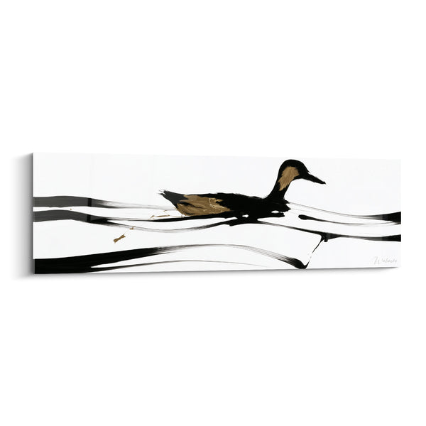 Gemälde Schwarzer und Goldener Enten auf breiten horizontalen Linien - Aufgeklärt Weißer Hintergrund - Enten-Edition