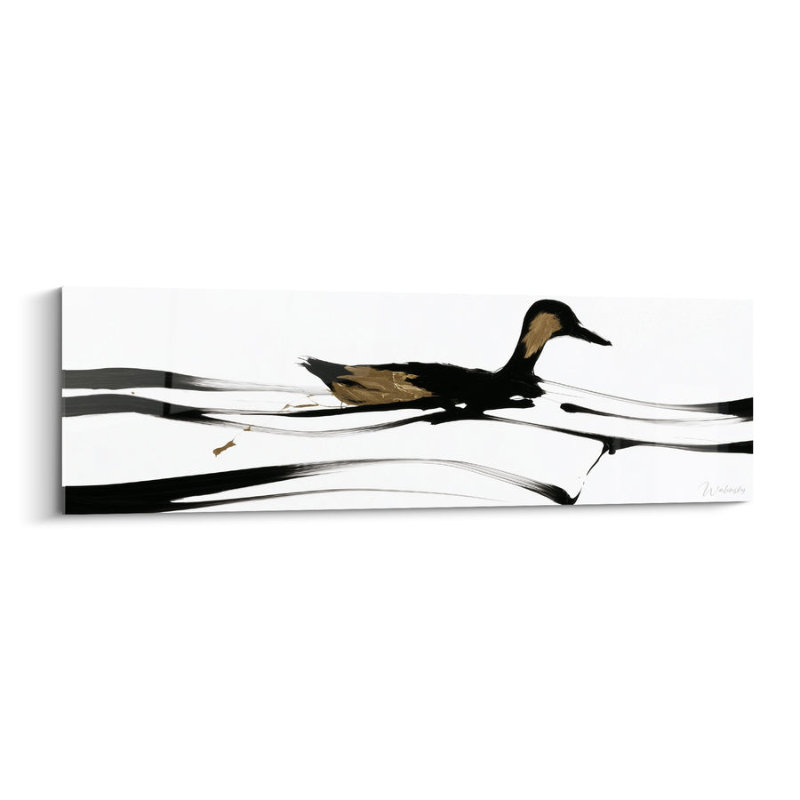 Cuadro de Pato Negro y Dorado sobre Amplias Líneas Horizontales - Fondo Blanco Puro - Edición Pato