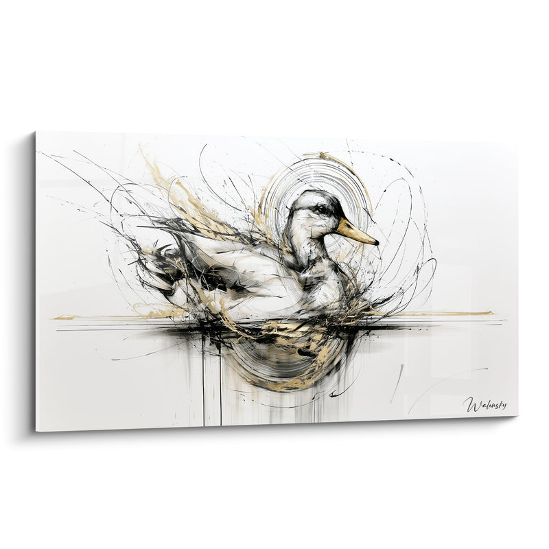 Tableau Blanc et noir aux volutes filiformes dorées - Cercle lumineux au bec - Edition Canard