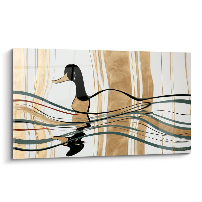 Tableau Canard noir et doré aux rayures verticales - Filaments verts entrelacés - Edition Canard