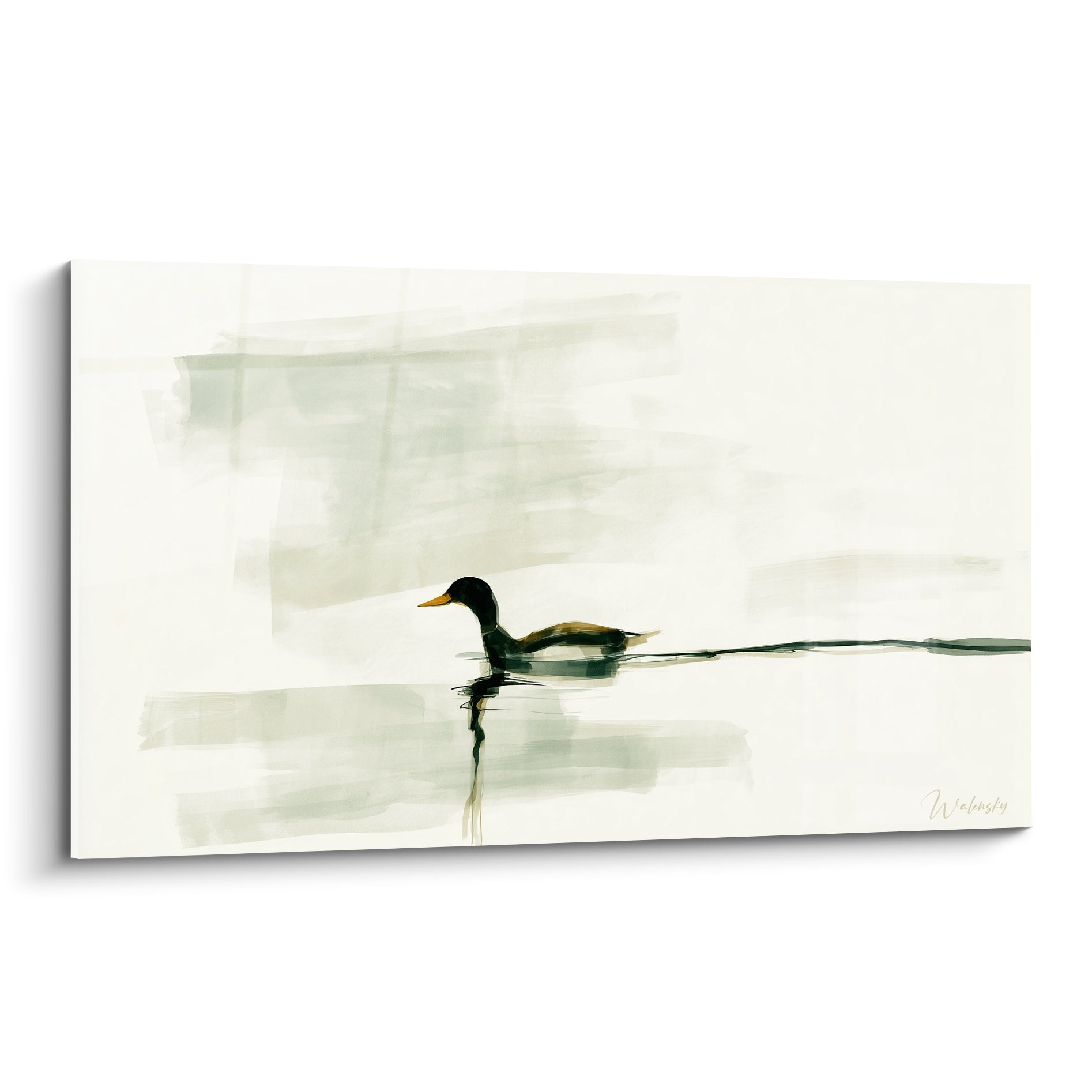 Canard noir au bec doré nageant sur une eau vert pâle brumeuse, style aquarelle épuré