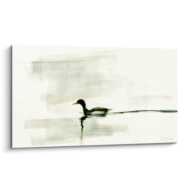 Gemälde Schwarzer Stockente auf Hellgrünem Wasser - Ruhiger See - Enten-Edition