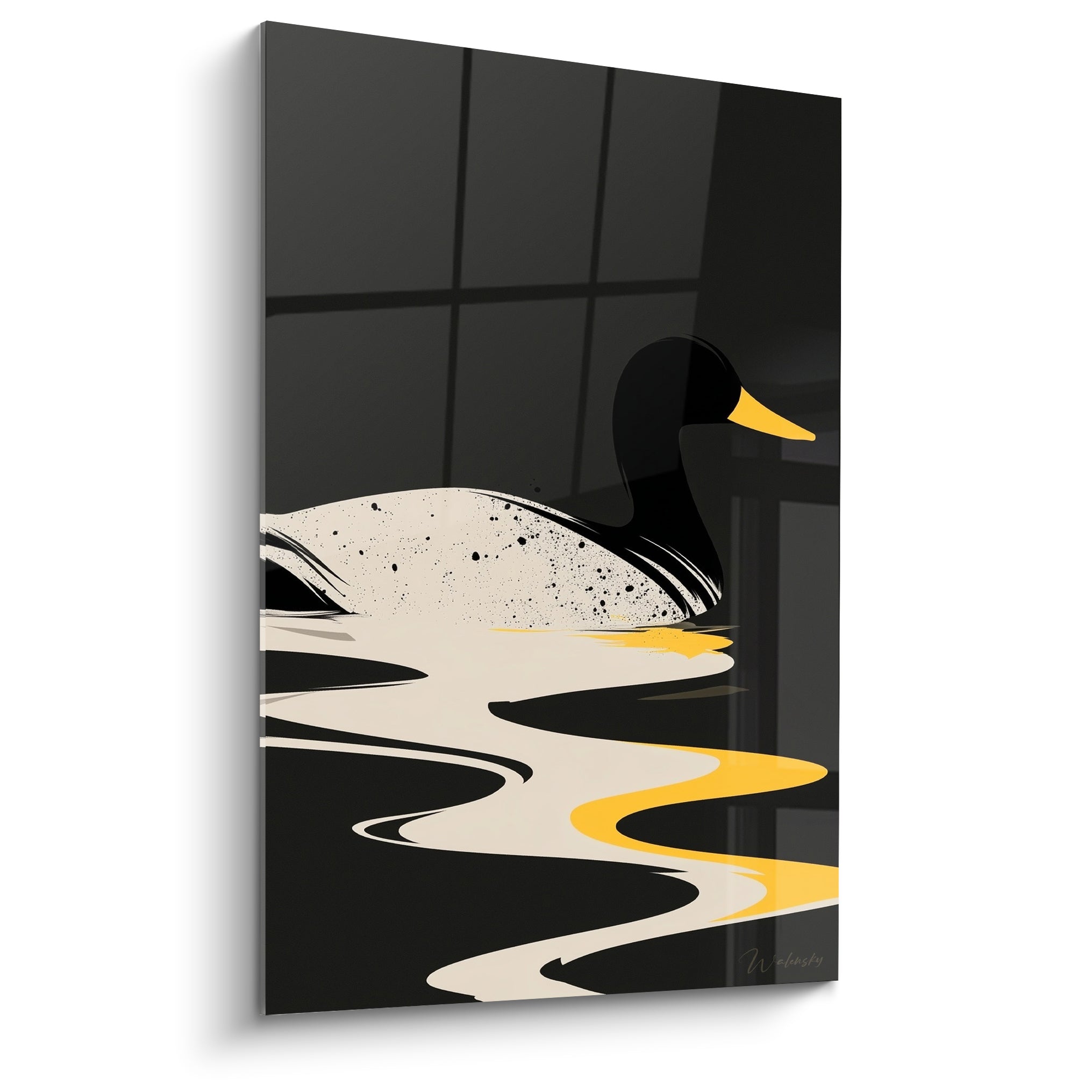 Canard noir au bec jaune flottant sur une eau ivoire ondulée, style graphique épuré