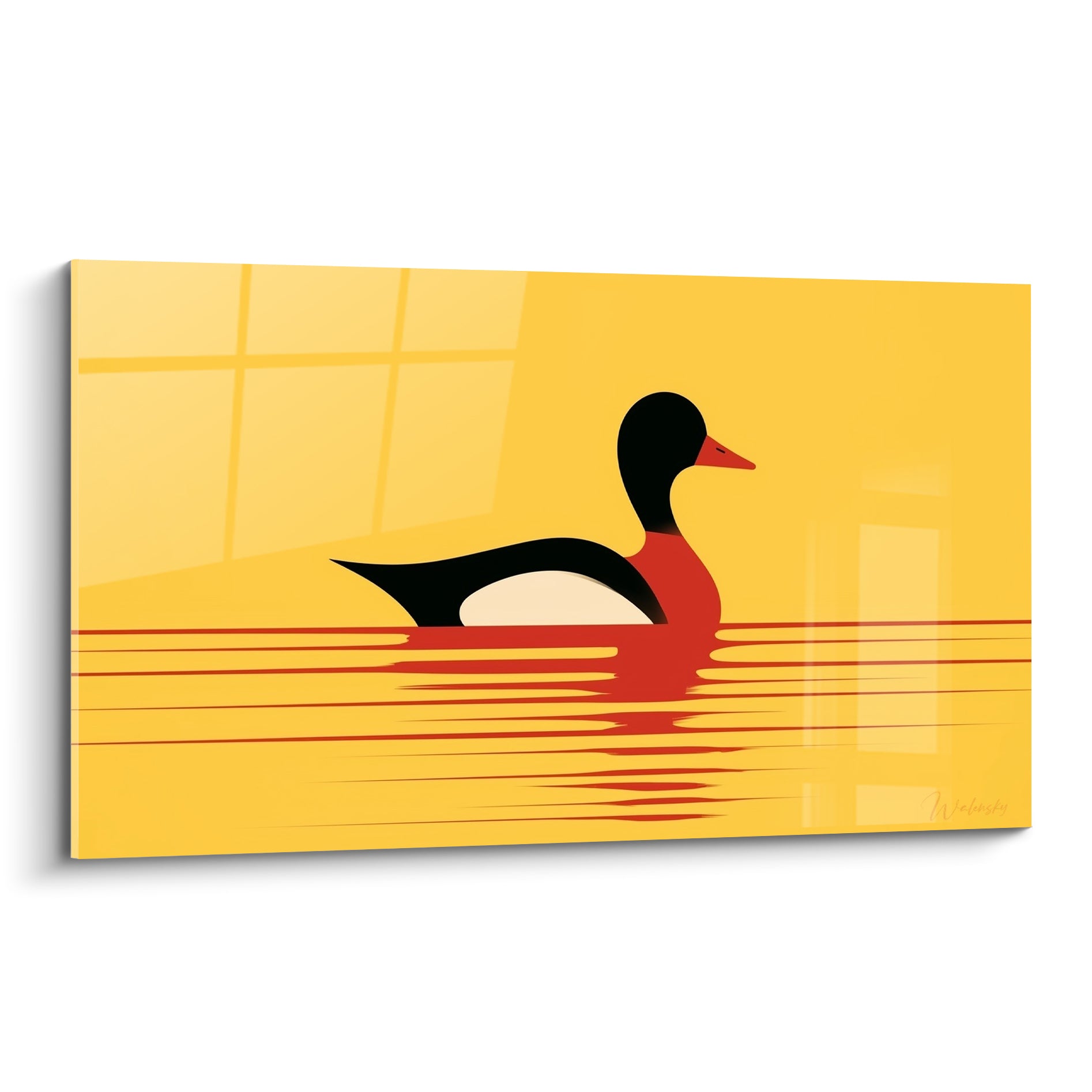 Canard noir au poitrail rouge écarlate flottant sur une eau jaune safran striée